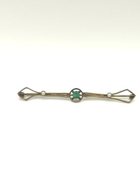 Antique Bar Brooch Gold Tone Green Stone Faux Pearl Edwardian Art Deco 2-7/8"